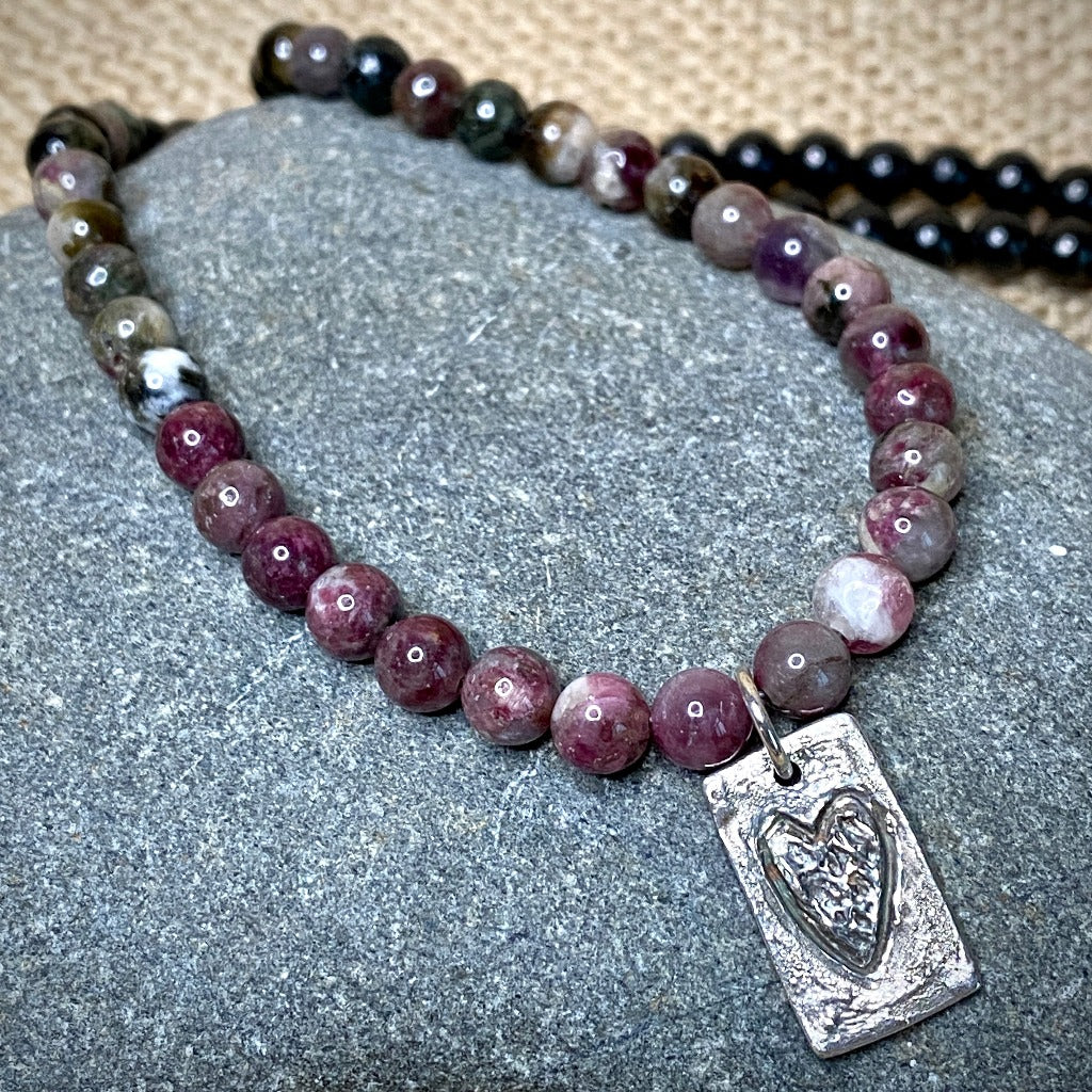 Shungite & Multicolor Tourmaline Necklace, Fine Silver Heart Charm