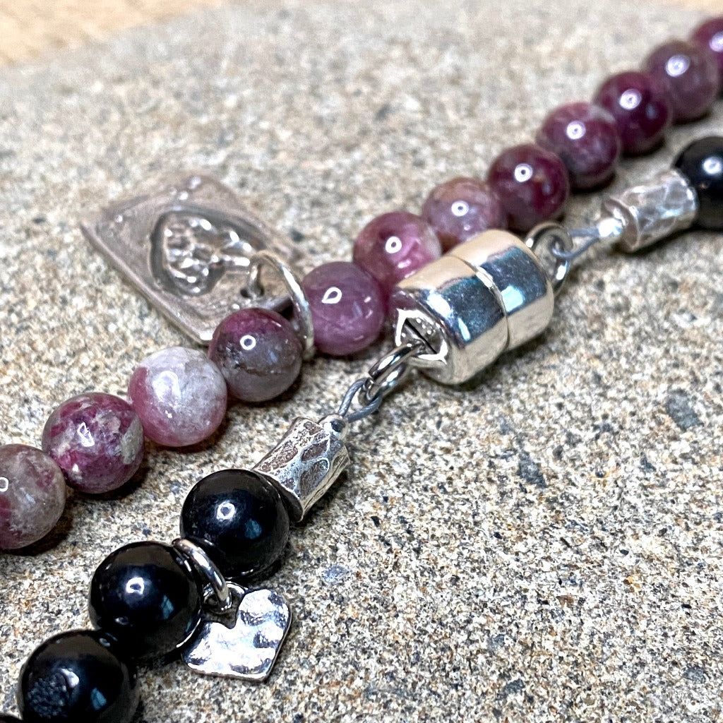 Shungite & Multicolor Tourmaline Necklace, Fine Silver Heart Charm