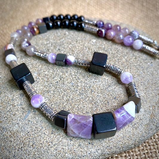 Amethyst, Hematite & Shungite Cube Necklace with Sterling Silver Tube Beads