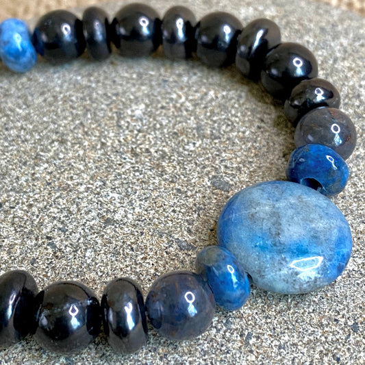 Shungite Bracelet Round Denim Lapis Focal Blue Kyanite