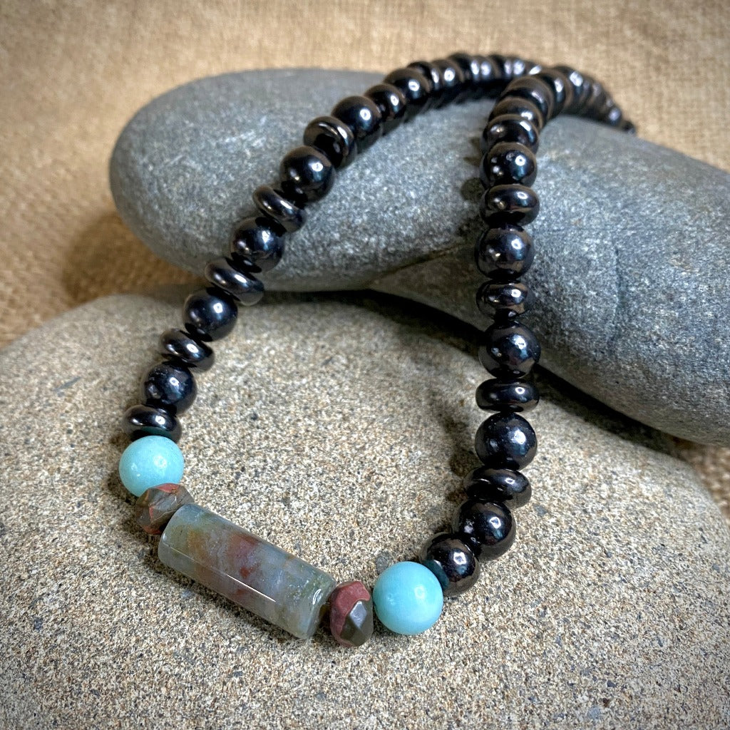 Shungite Necklace with Jasper & Amazonite, Emotional Healing