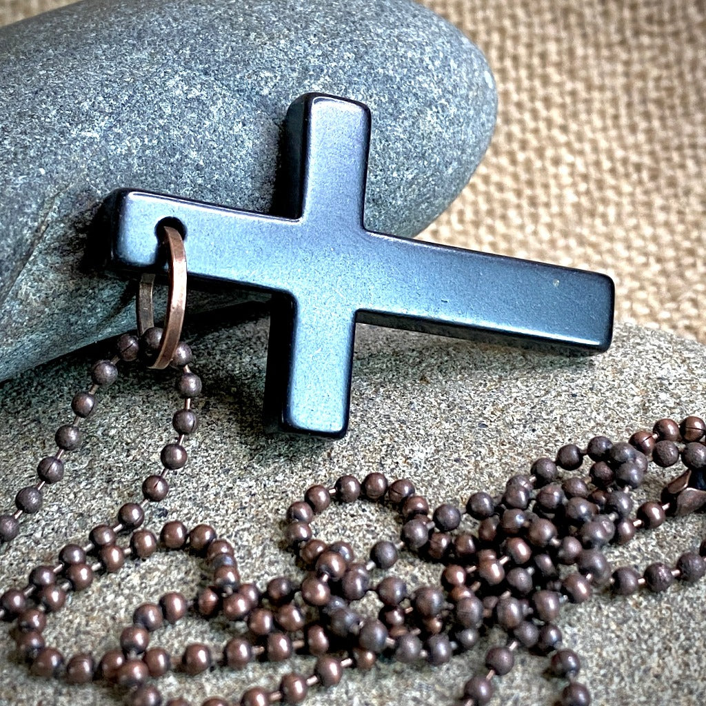 Shungite Cross Pendant, Unisex Necklace on Antiqued Copper Ball Chain