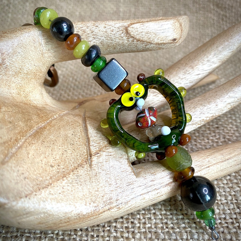 Shungite Clip-On with Glass Monster & Recycled Glass Beads from Java