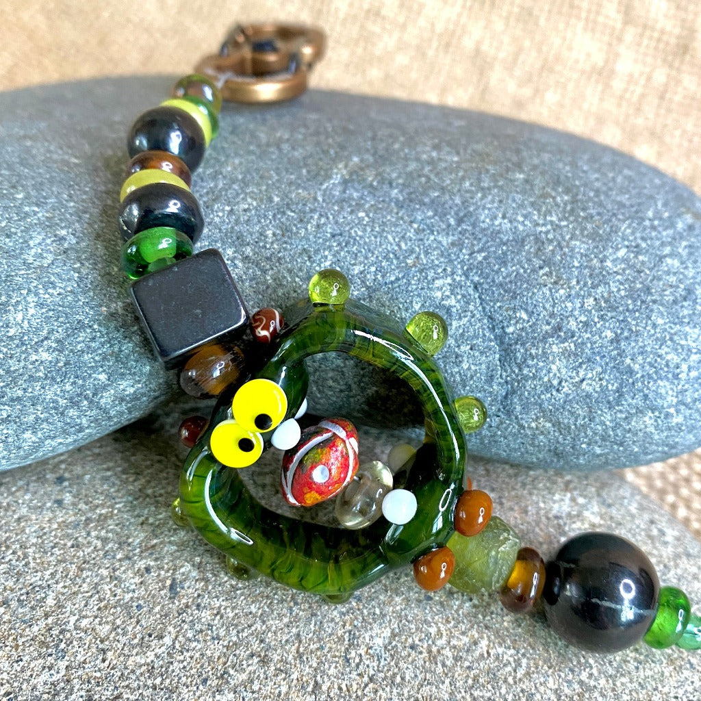 Shungite Clip-On with Glass Monster & Recycled Glass Beads from Java
