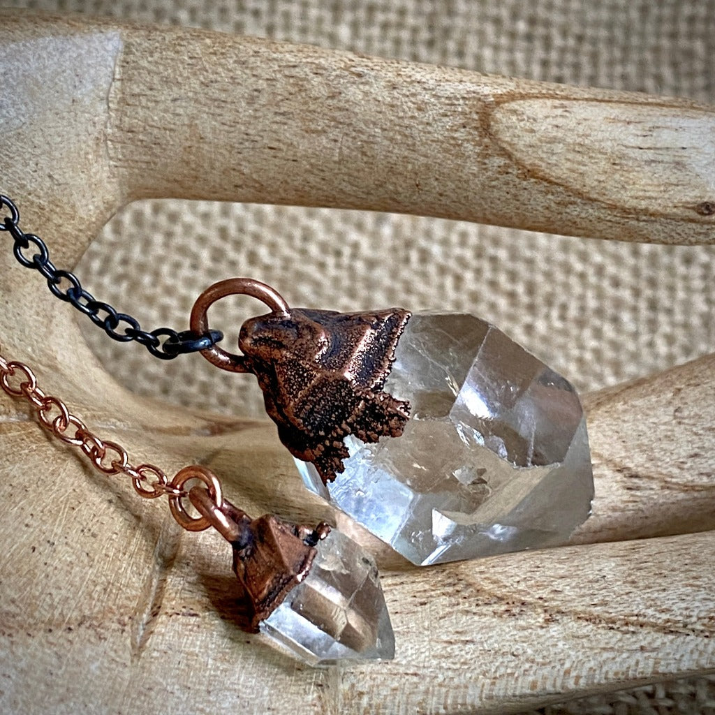 Tibetan Quartz Crystal Pendulum, Electroformed, Copper Oxidized Chain