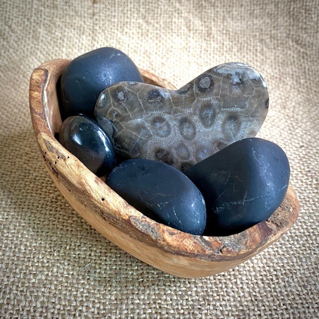 Jumbo Tumbled Shungite & Petoskey Stone Heart in Olive Wood Bowl