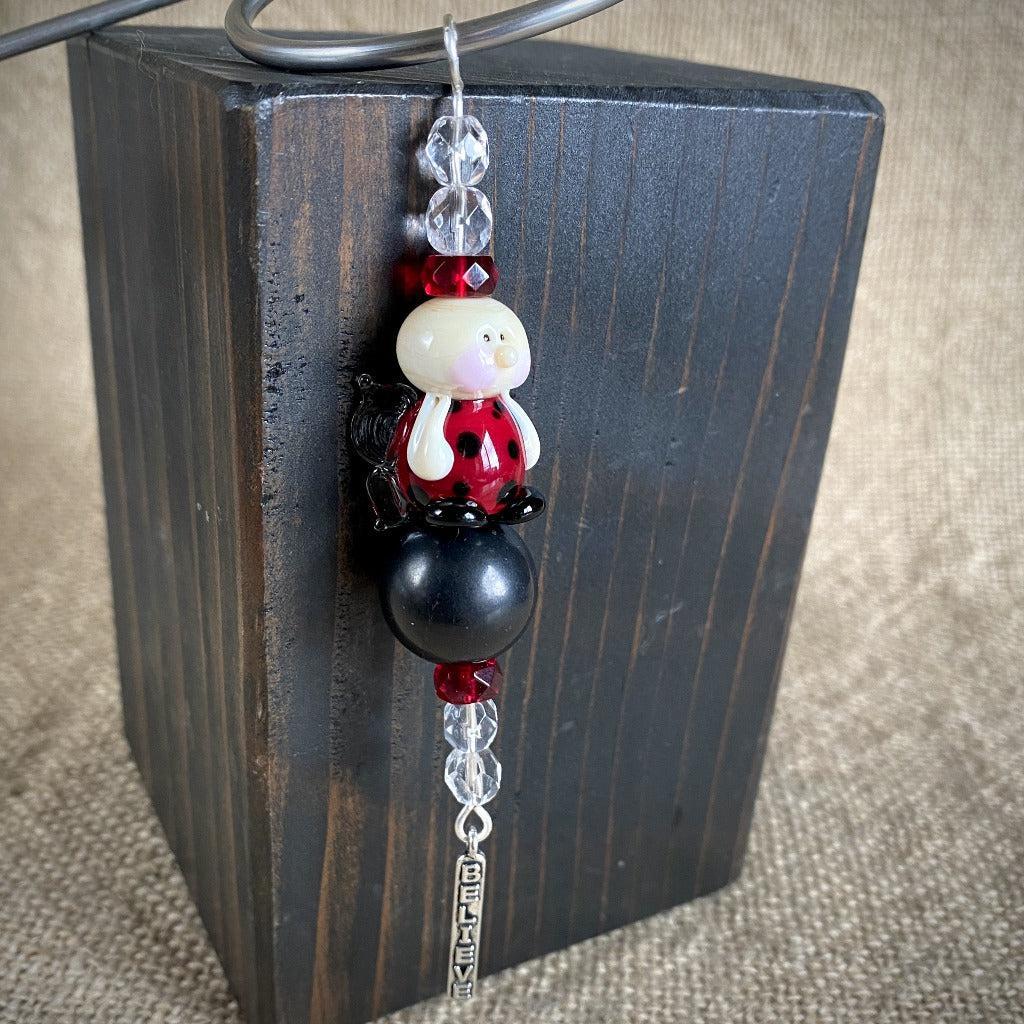 Ladybug Angel Shungite Plant Stake, Artisan Lampwork Glass Bead