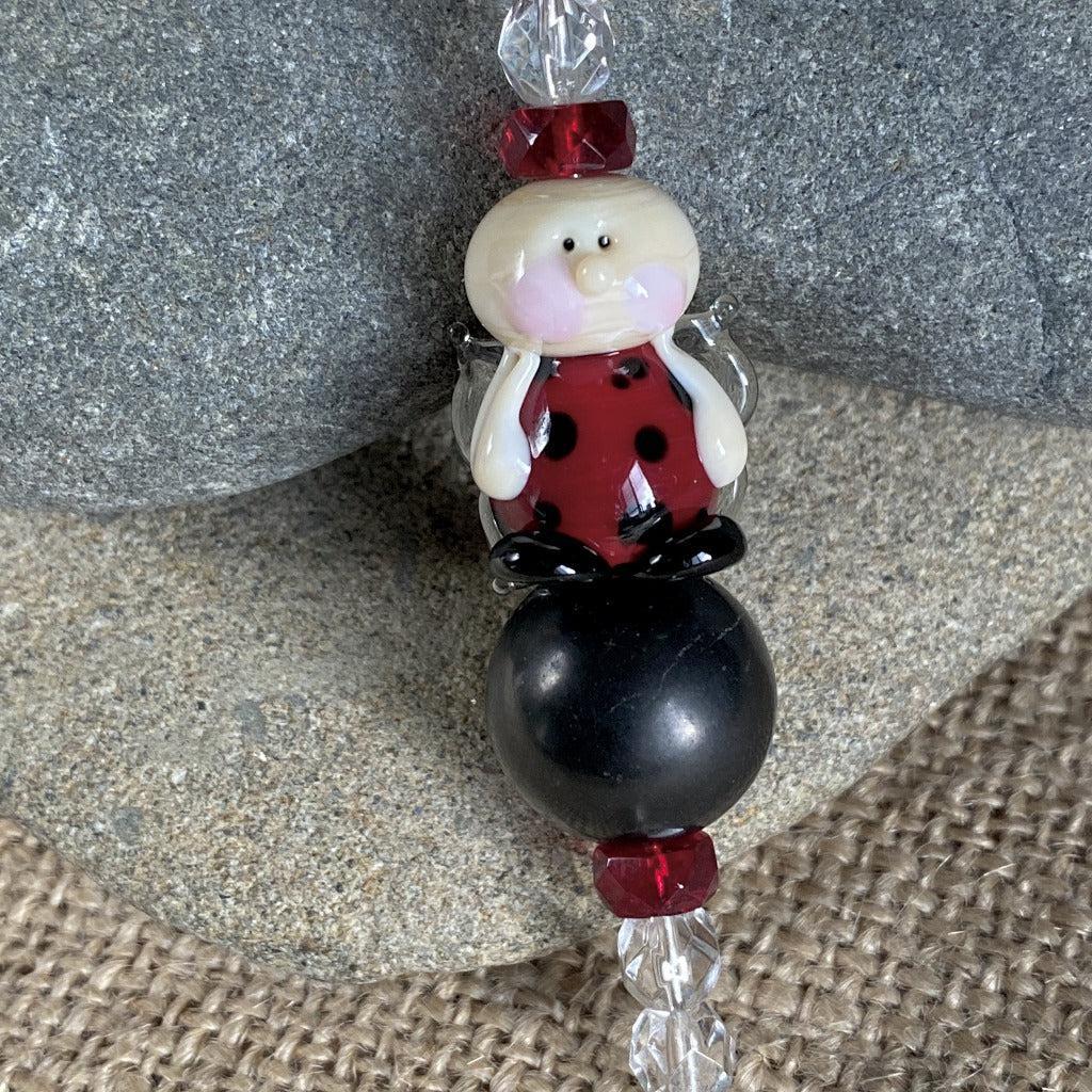 Ladybug Angel Shungite Plant Stake, Artisan Lampwork Glass Bead