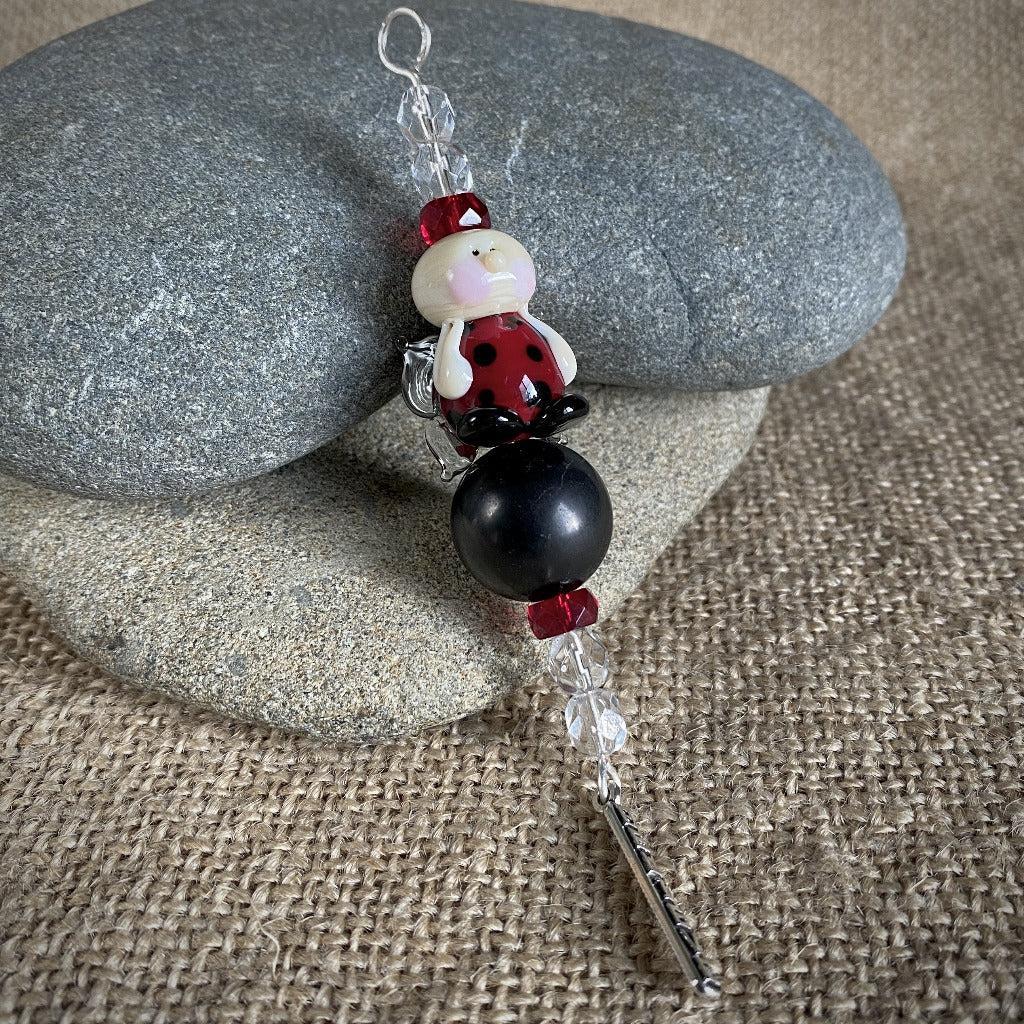 Ladybug Angel Shungite Plant Stake, Artisan Lampwork Glass Bead