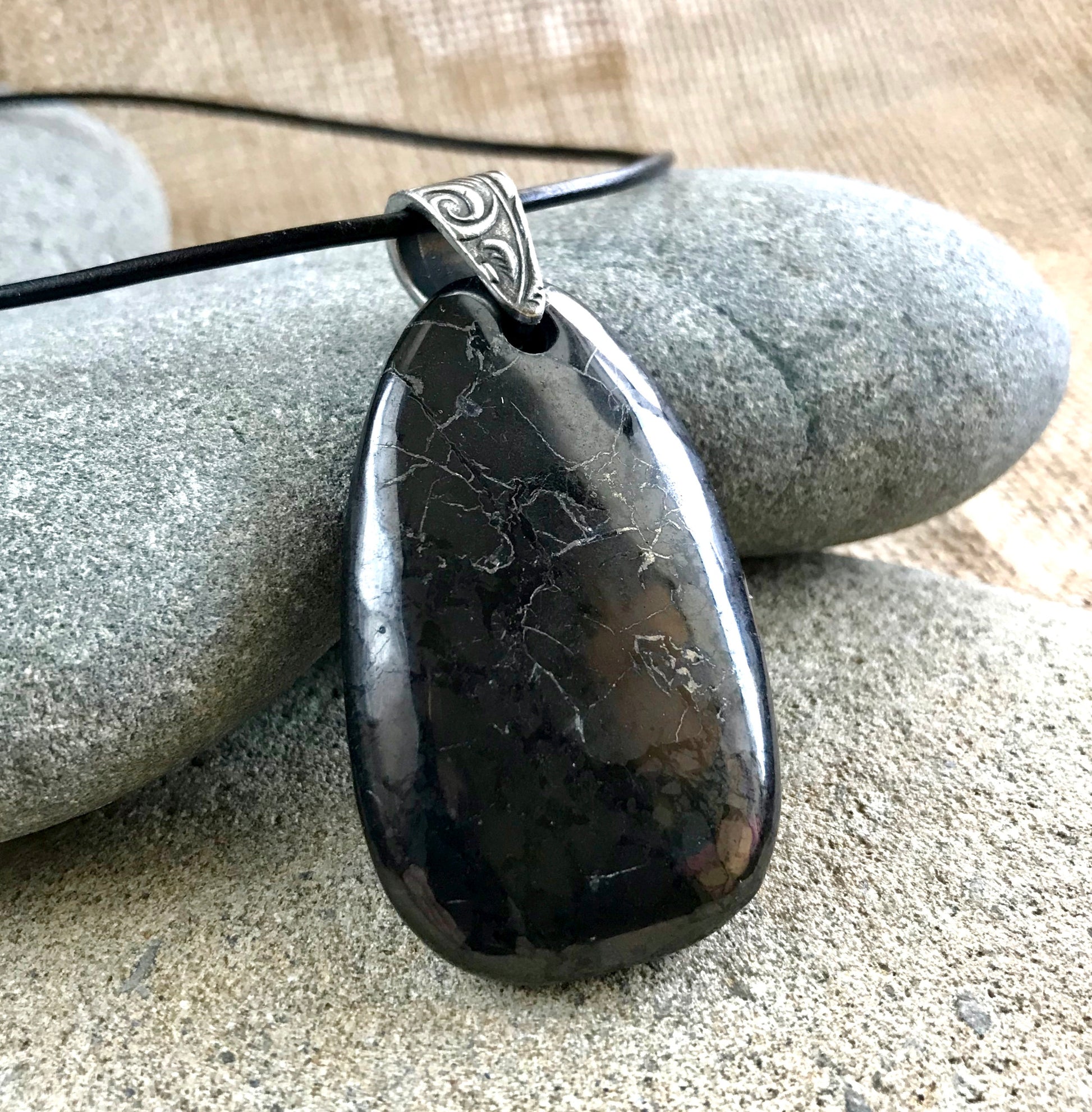 Large Black Shungite Medallion Pendant on Leather with Silver Bail