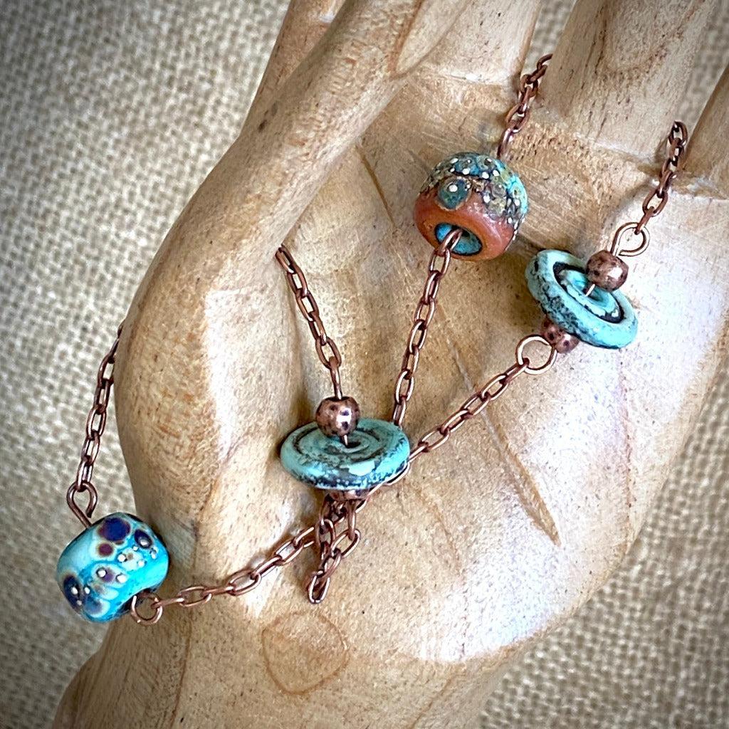 Large Copper Topper with Funky Handmade Aqua Blue Ceramic Beads