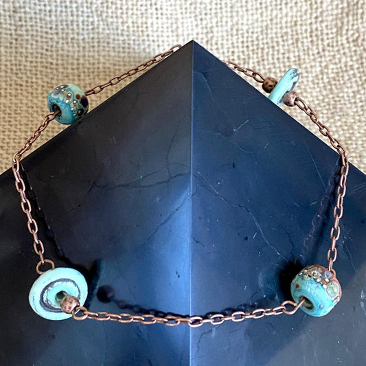 Large Copper Topper with Funky Handmade Aqua Blue Ceramic Beads