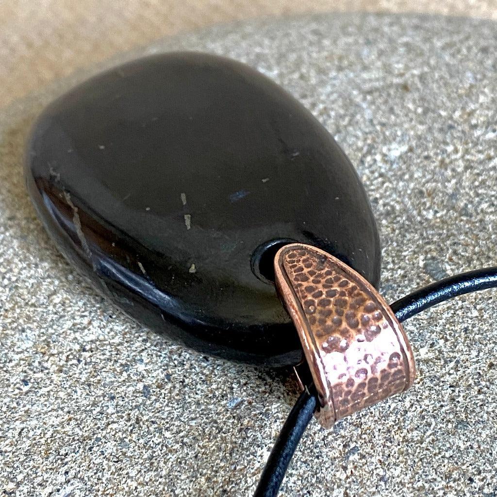 Large Shungite Medallion Pendant, Leather Cord, Hammered Copper Bail