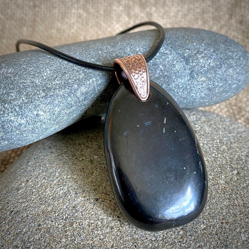 Large Shungite Medallion Pendant, Leather Cord, Hammered Copper Bail