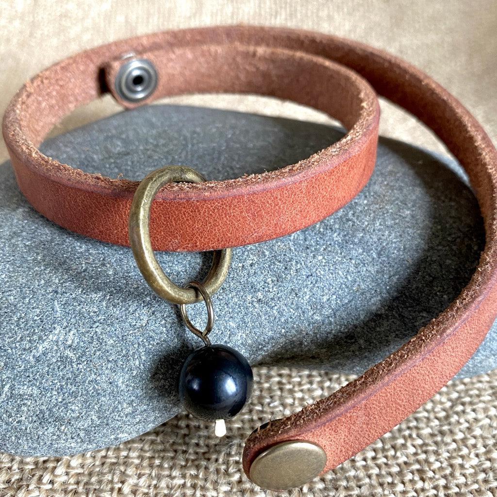 Leather Double-Wrap Bracelet, Shungite Bead, 200 Year Old Bronze Ring