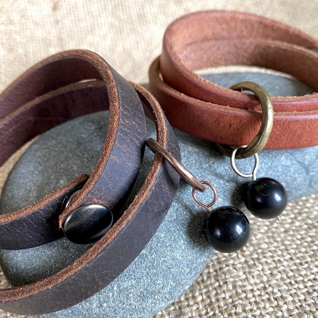 Leather Double-Wrap Bracelet, Shungite Bead, 200 Year Old Bronze Ring