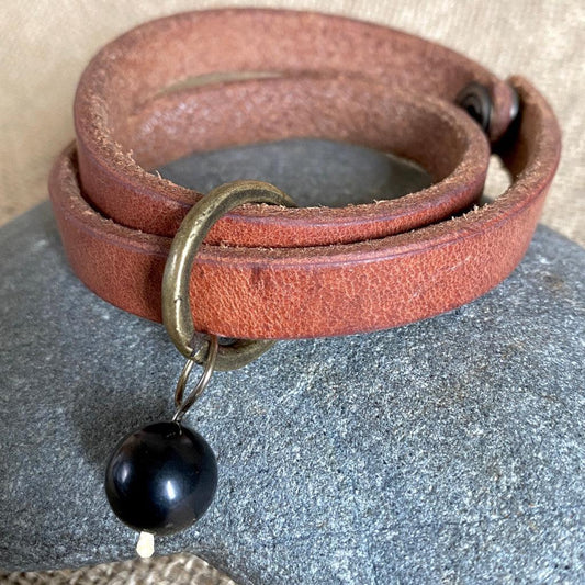 Leather Double-Wrap Bracelet, Shungite Bead, 200 Year Old Bronze Ring