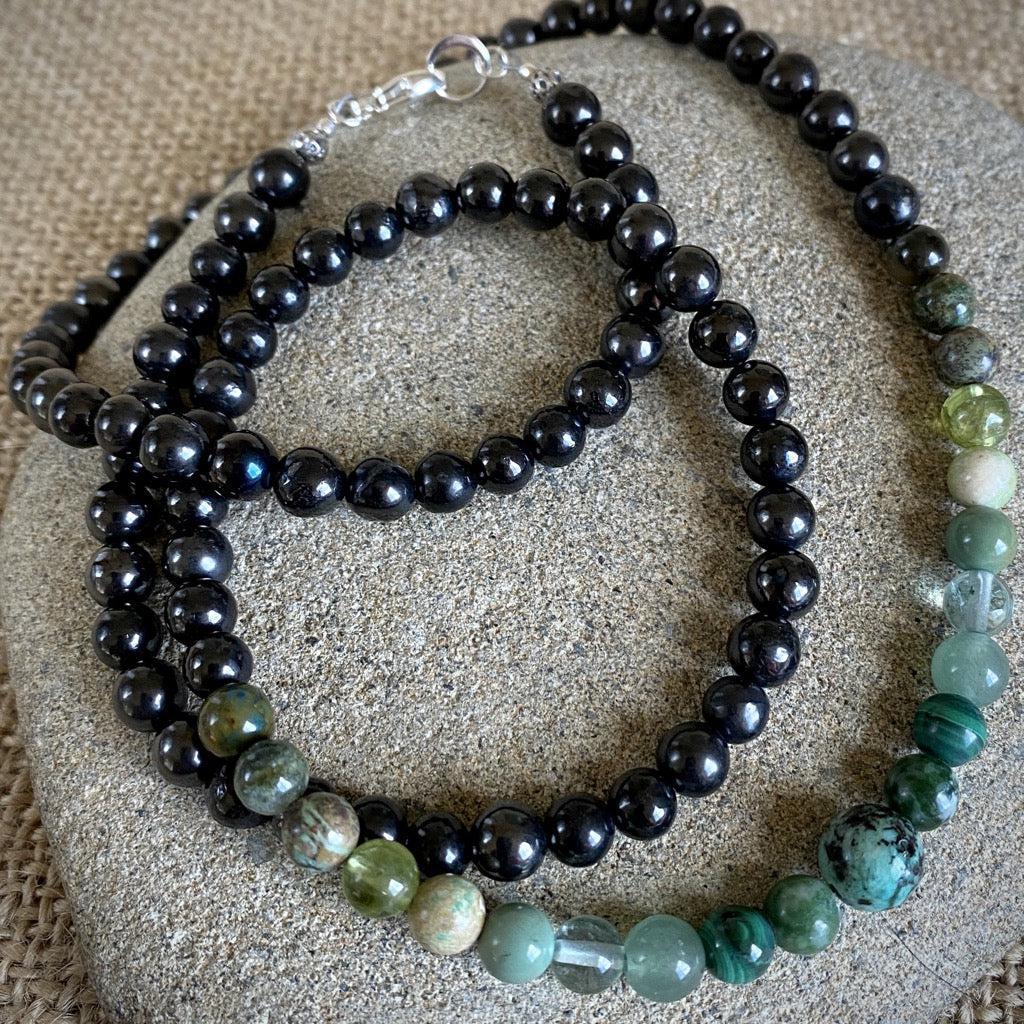 Long Shungite Necklace, Green Gemstones, Heart Chakra, Earth