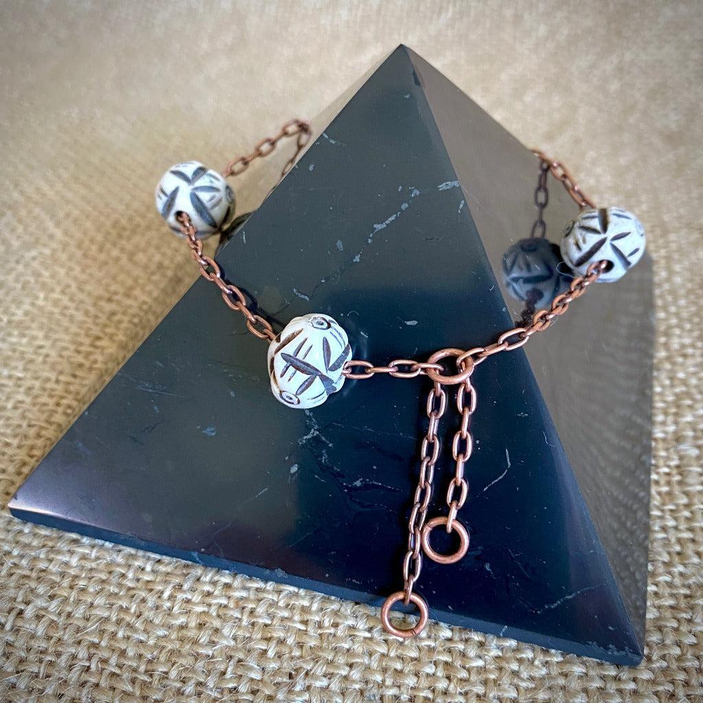 Medium Copper Topper with Black & White Carved Bone Beads