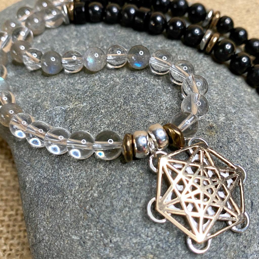 Metatron's Cube Necklace with Labradorite, Crystal Quartz, Shungite