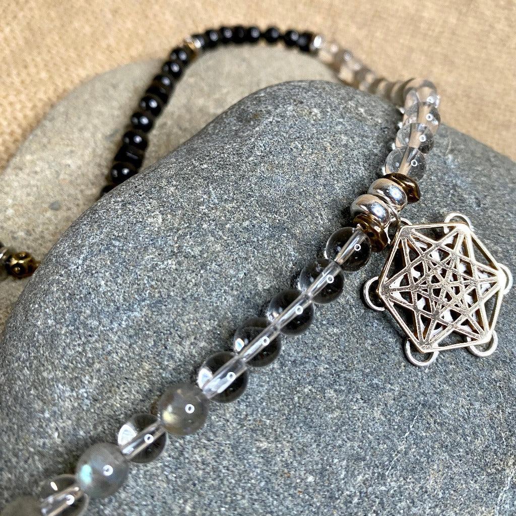 Metatron's Cube Necklace with Labradorite, Crystal Quartz, Shungite