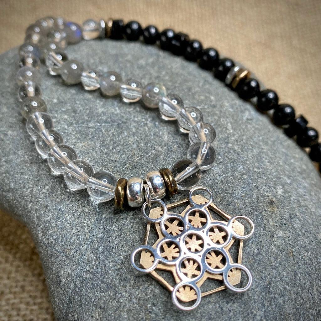 Metatron's Cube Necklace with Labradorite, Crystal Quartz, Shungite