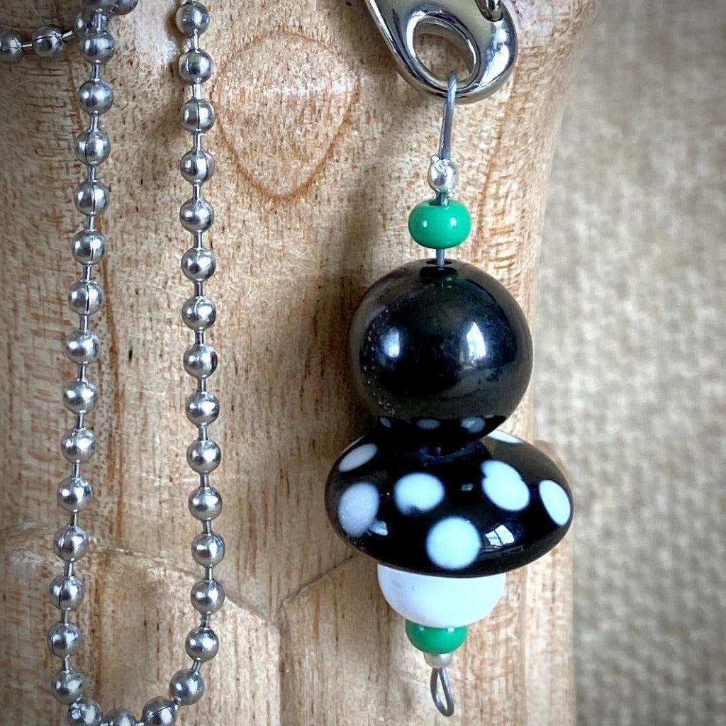 Mushroom Clip-on Necklace, Shungite, Black and White, Lampwork Glass