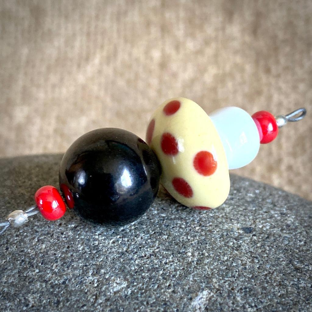 Mushroom Clip-on Necklace, Shungite, Yellow and Red, Lampwork Glass