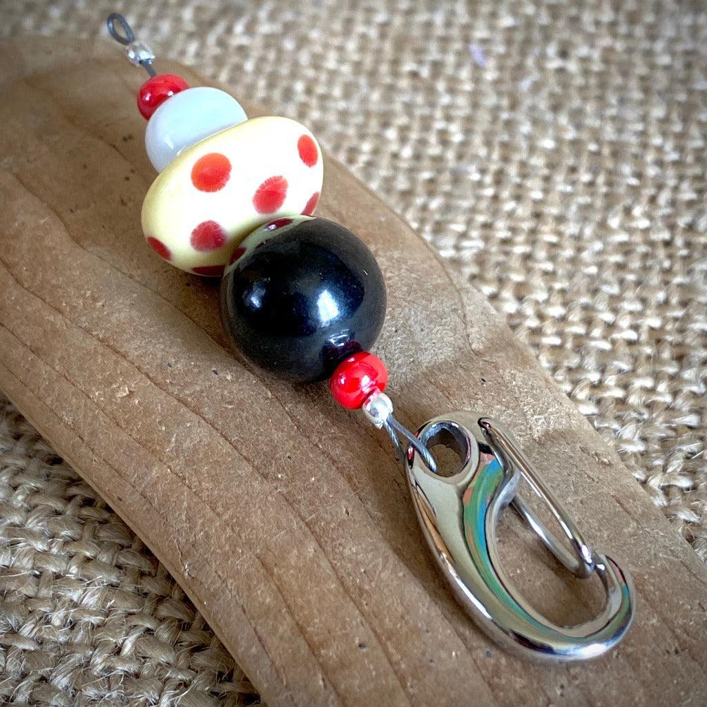 Mushroom Clip-on Necklace, Shungite, Yellow and Red, Lampwork Glass