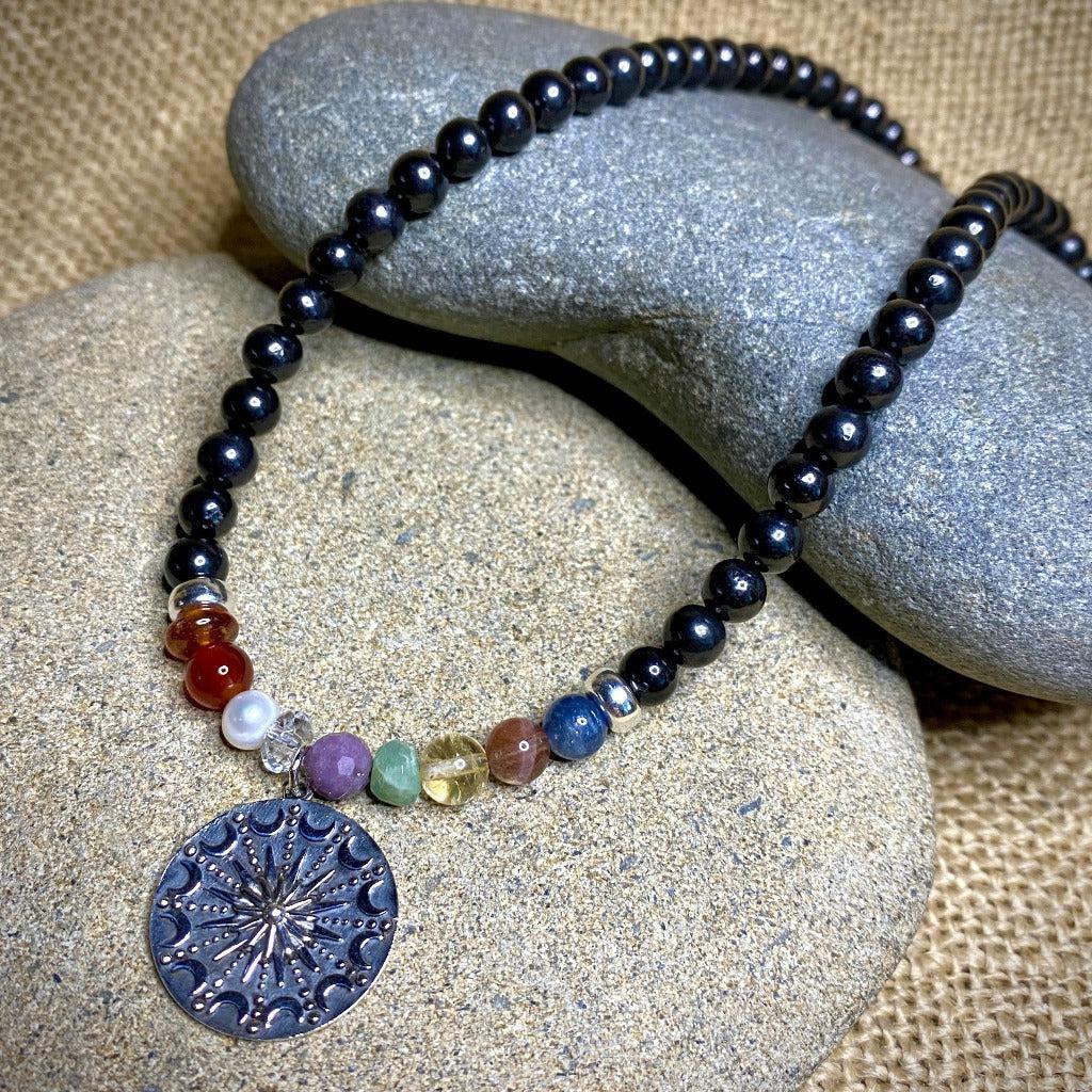 Navaratna Necklace with Shungite, Sun & Moon Mandala Pendant