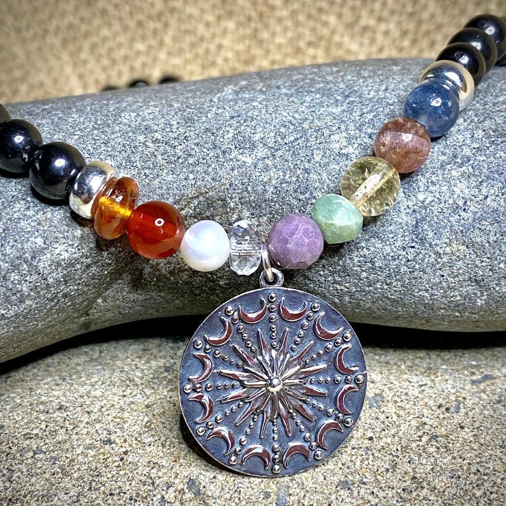 Navaratna Necklace with Shungite, Sun & Moon Mandala Pendant