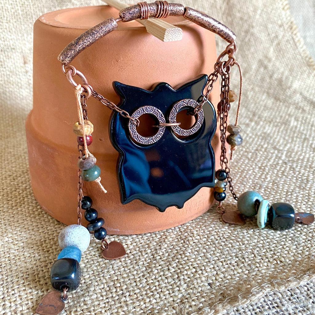 Obsidian Owl w/Copper, Shungite Bead Dangles, Ceramic, Glass, Jasper