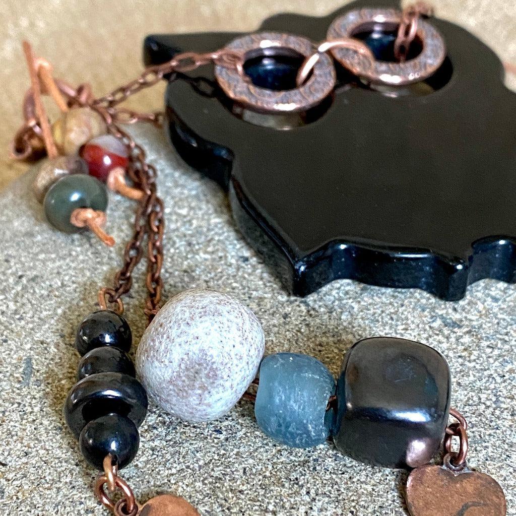 Obsidian Owl w/Copper, Shungite Bead Dangles, Ceramic, Glass, Jasper