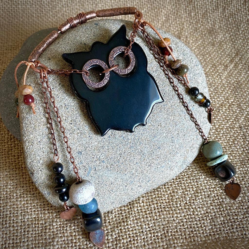 Obsidian Owl w/Copper, Shungite Bead Dangles, Ceramic, Glass, Jasper