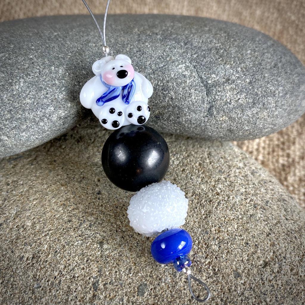 Polar Bear Christmas Ornament w/Shungite, Blue Scarf, on Iceberg - Shungite Queen