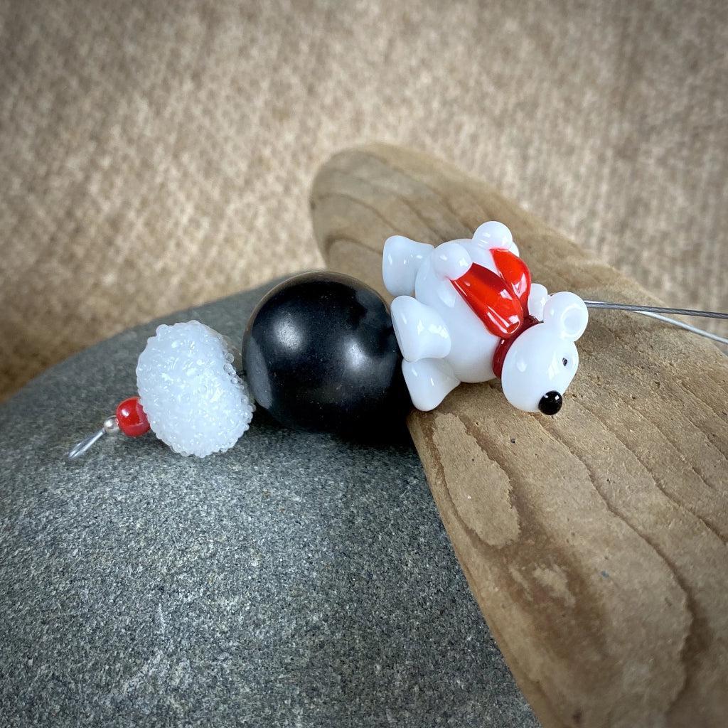 Polar Bear Christmas Ornament w/Shungite, Bright Red Scarf, on Iceberg - Shungite Queen