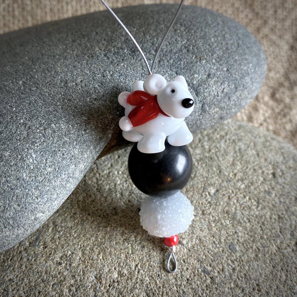 Polar Bear Christmas Ornament w/Shungite, Bright Red Scarf, on Iceberg - Shungite Queen