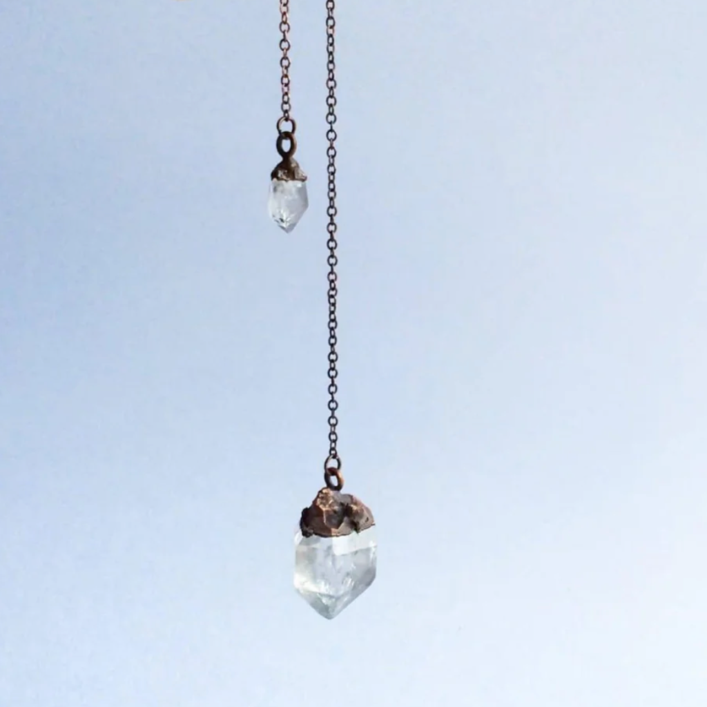 Tibetan Quartz Crystal Pendulum, Electroformed, Copper Oxidized Chain