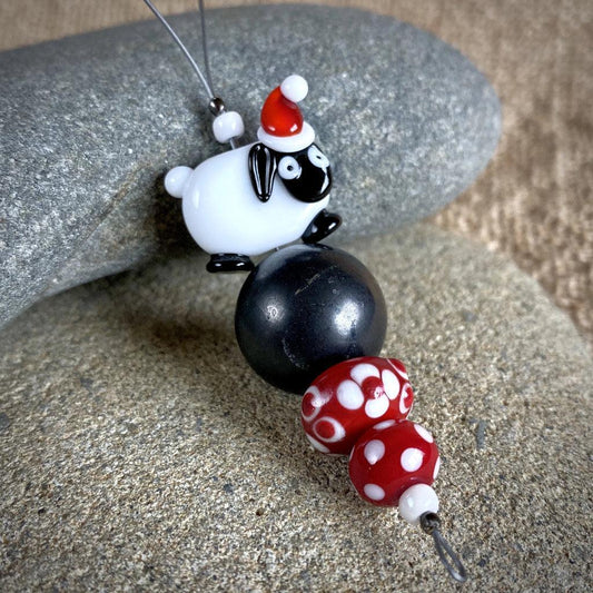 Sheep with Christmas Cap, Handcrafted Lampwork Bead Shungite Ornament - Shungite Queen