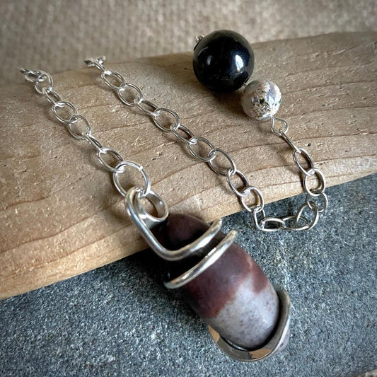 Shiva Lingham Pendulum, Sterling Silver, Shungite Kambaba Jasper Grip