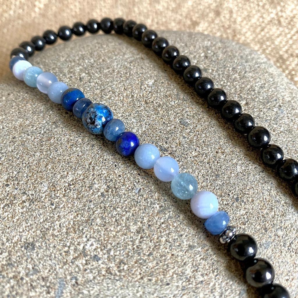 Short Shungite Necklace, Blue Gemstones, Throat Chakra, Communication