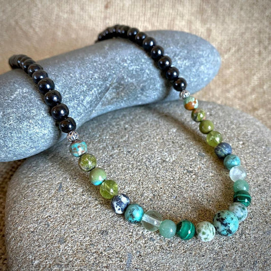 Short Shungite Necklace, Green Gemstones, Heart Chakra