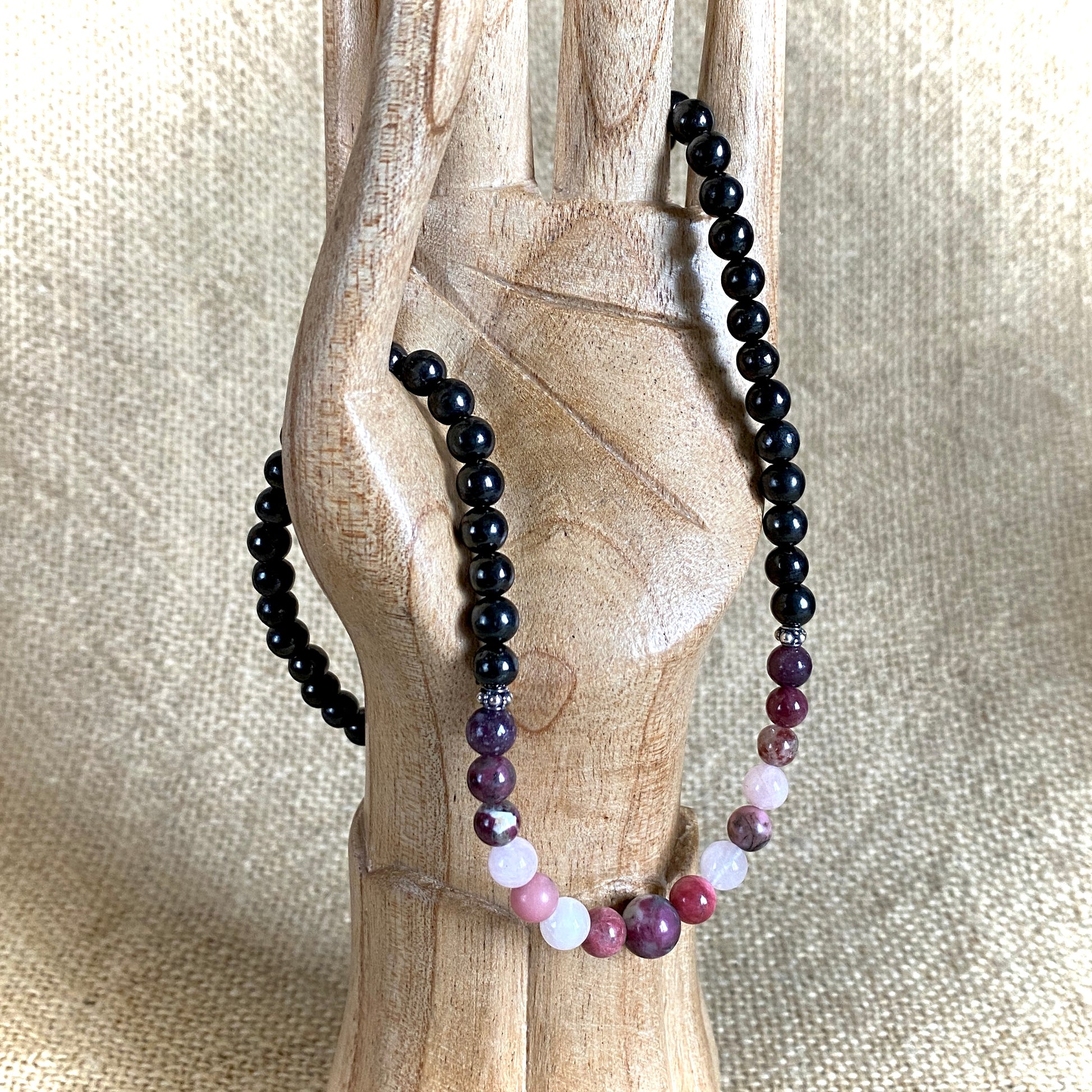 Short Shungite Necklace, Pink Gemstones, Love, Nurturing, Romance