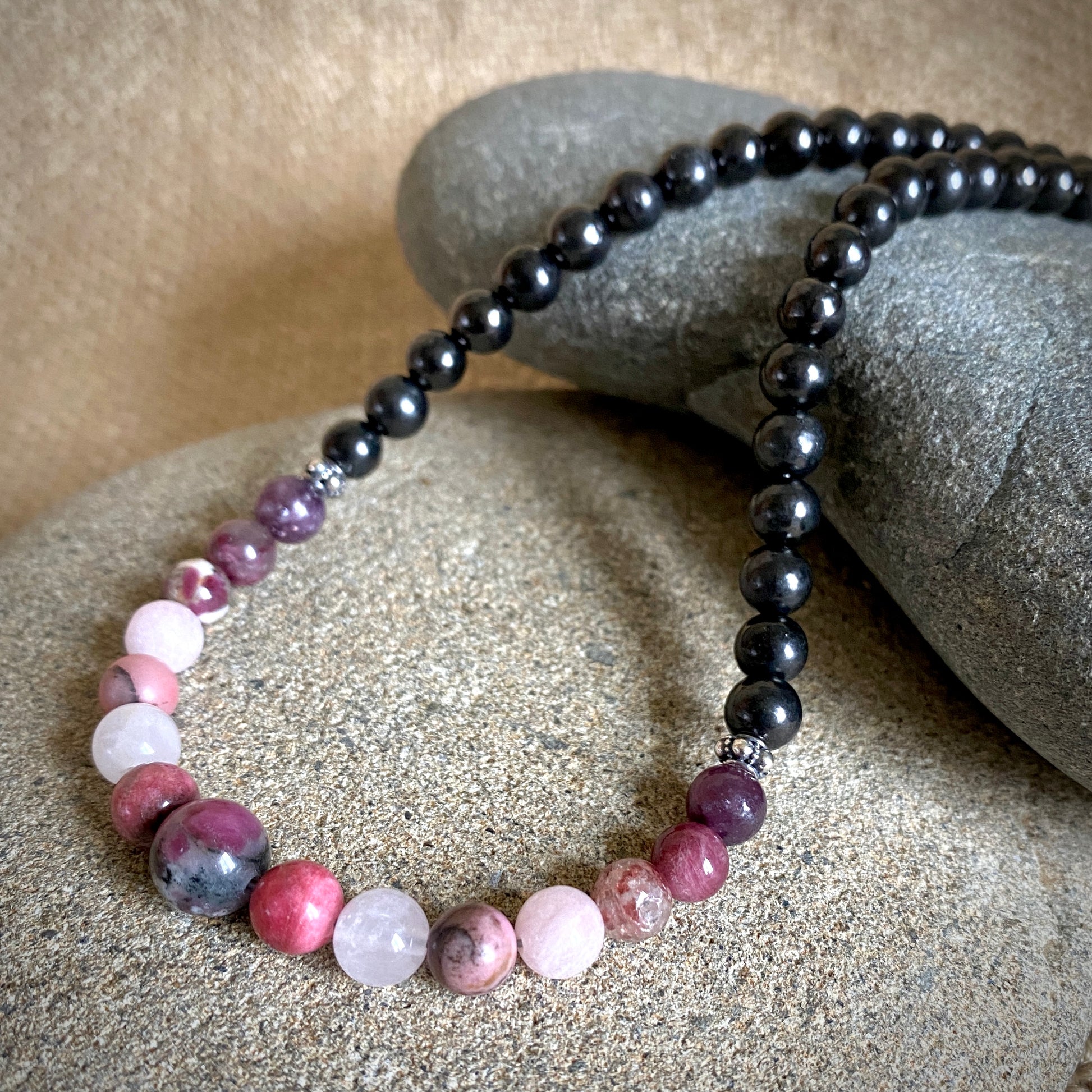 Short Shungite Necklace, Pink Gemstones, Love, Nurturing, Romance