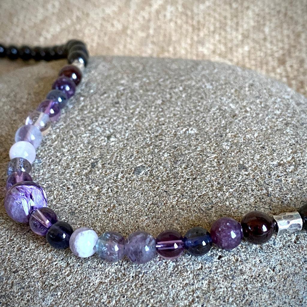 Short Shungite Necklace, Violet Gemstones, Crown Chakra, Sterling Silver