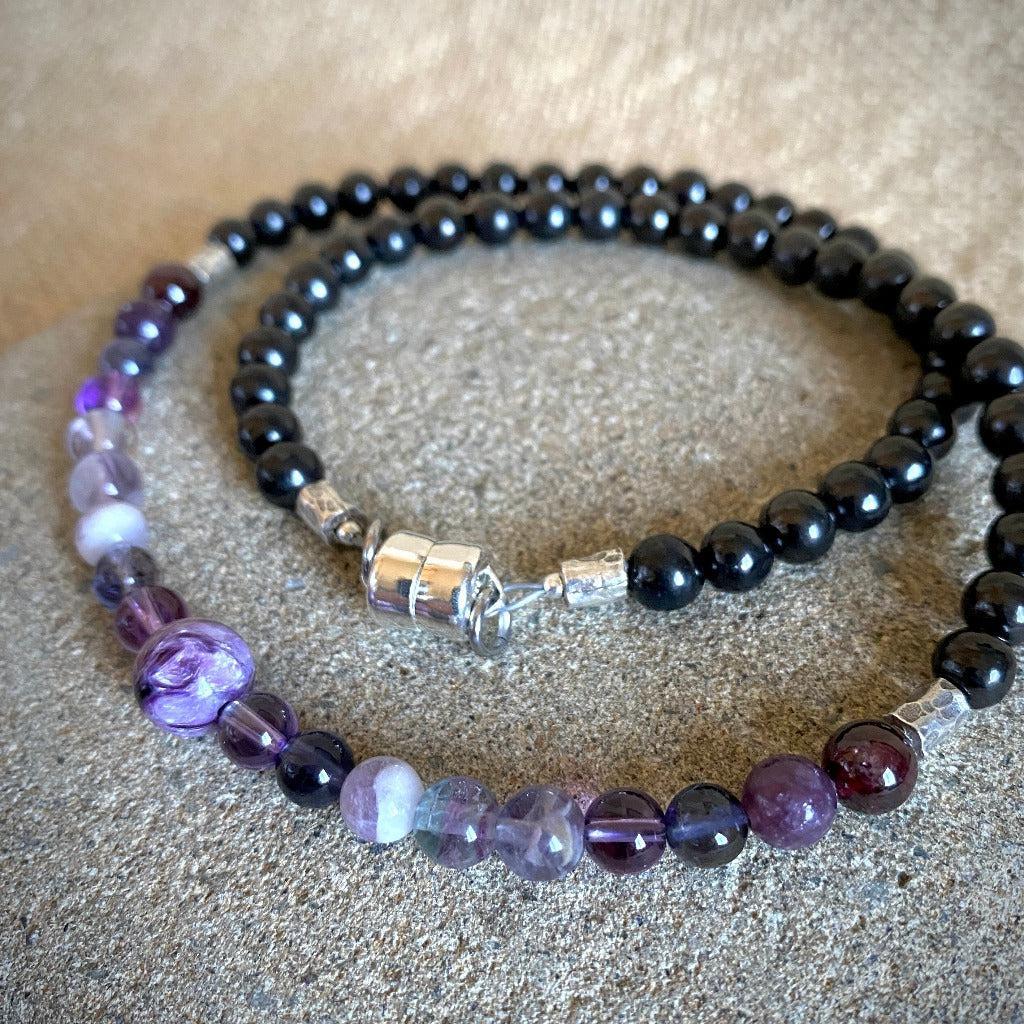 Short Shungite Necklace, Violet Gemstones, Crown Chakra, Sterling Silver