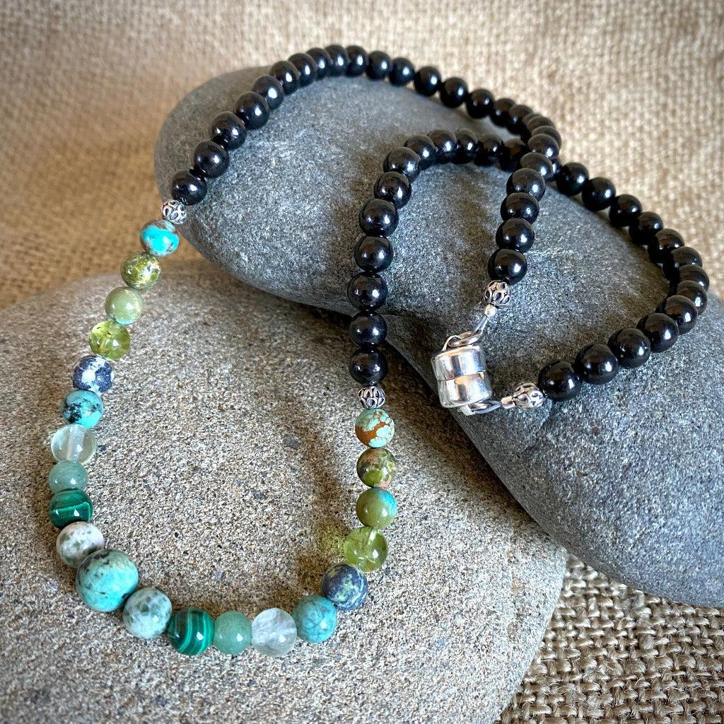 Short Shungite Necklace With Green Gemstones | Heart Chakra, Prosperity