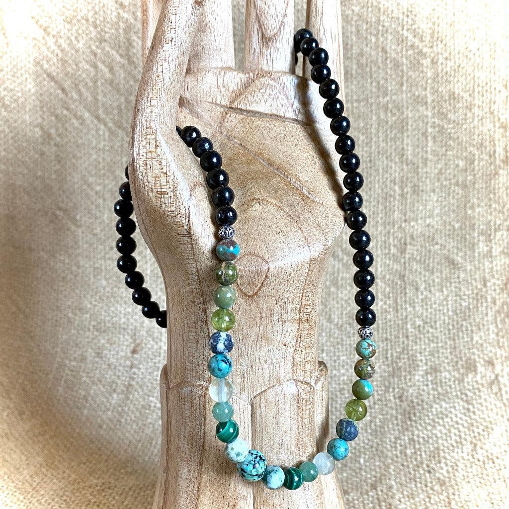 Short Shungite Necklace With Green Gemstones | Heart Chakra, Prosperity
