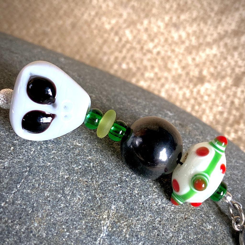 Shungite Alien Clip-on, Artisan Lampwork Glass Bead, Green and White