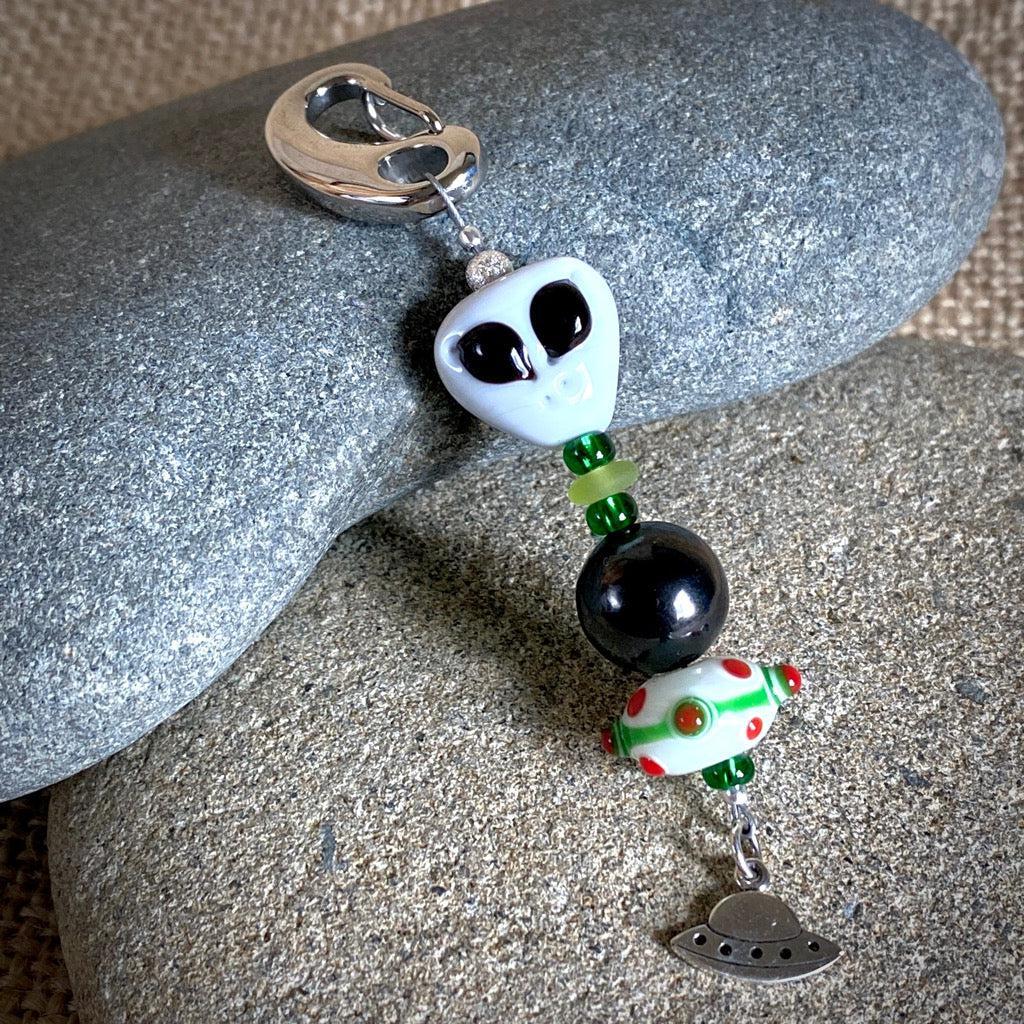 Shungite Alien Clip-on, Artisan Lampwork Glass Bead, Green and White